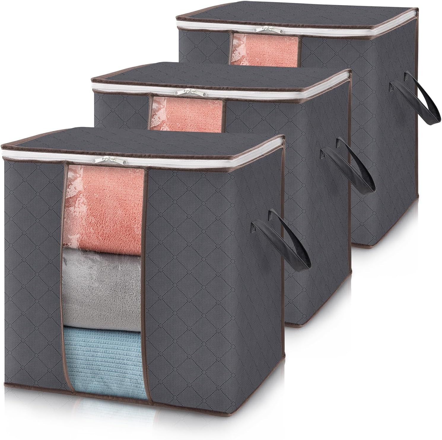 Lifewit 3-Pack 100L Foldable Clothes Storage Bins with Lids - Clear Window, Zippered, Reinforced Handles for Easy Organization of Clothing, Blankets, and Bedding