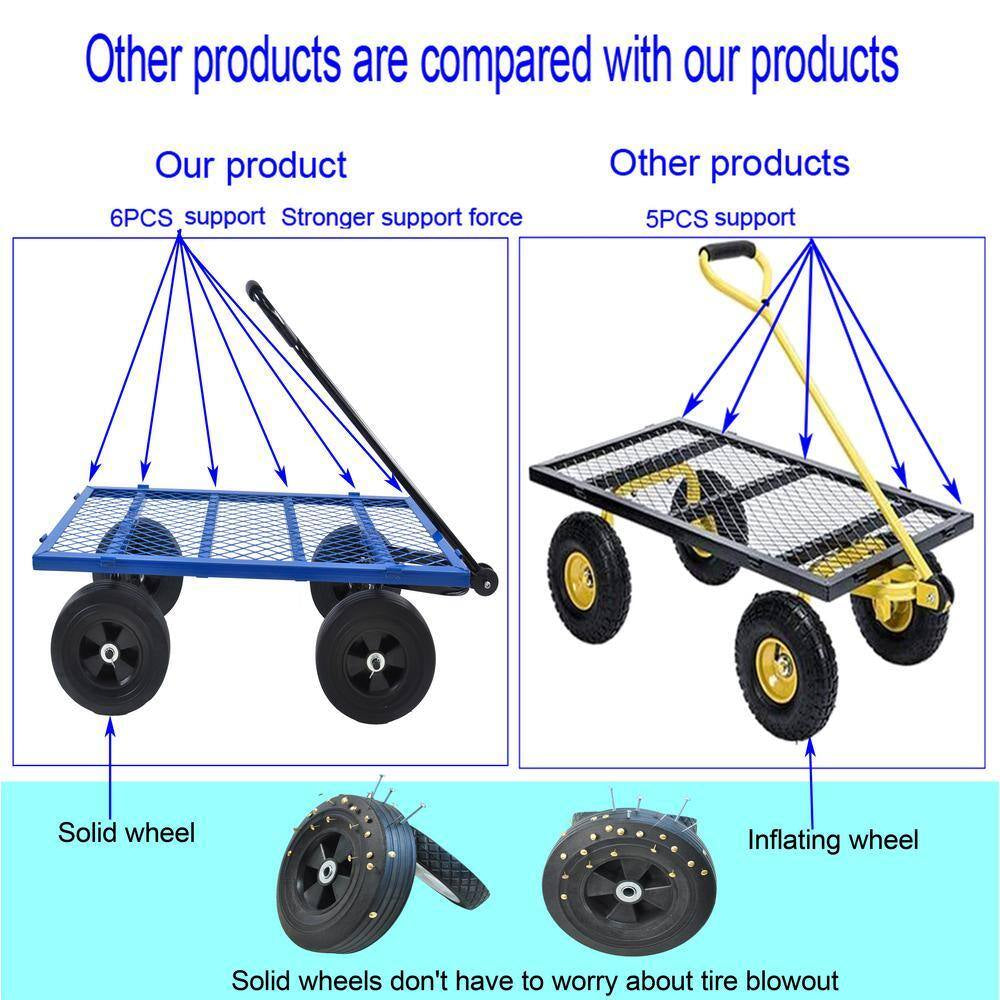 Metal Wagon Cart with 10" Pneumatic Tire and Handle, Utility Dump Outdoor Serving Cart for Lawn Garden Farm in Blue