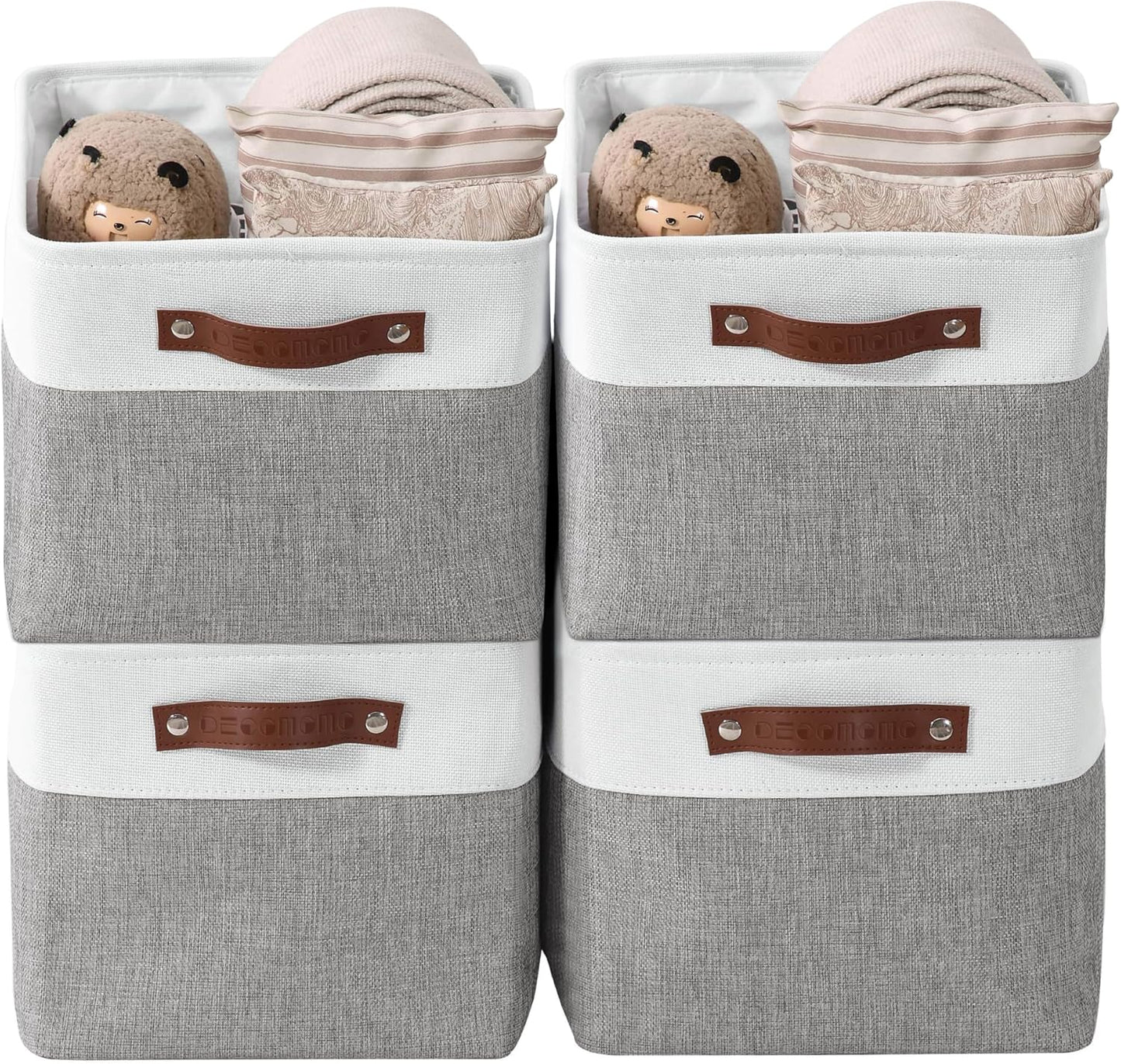 DECOMOMO Storage Bins, Large Fabric Storage Baskets for Shelves, Decorative Linen Closet Organizer, 15 X 11 X 9.5 Inches (Grey & White, 4 Pack)