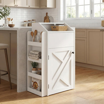 Trash Bin Cabinet, 10-Gallon Freestanding Waste Bin with Flip Door and Storage Rack, Indoor Wooden Hidden Garbage Cabinet, for Kitchen, Dinning, White