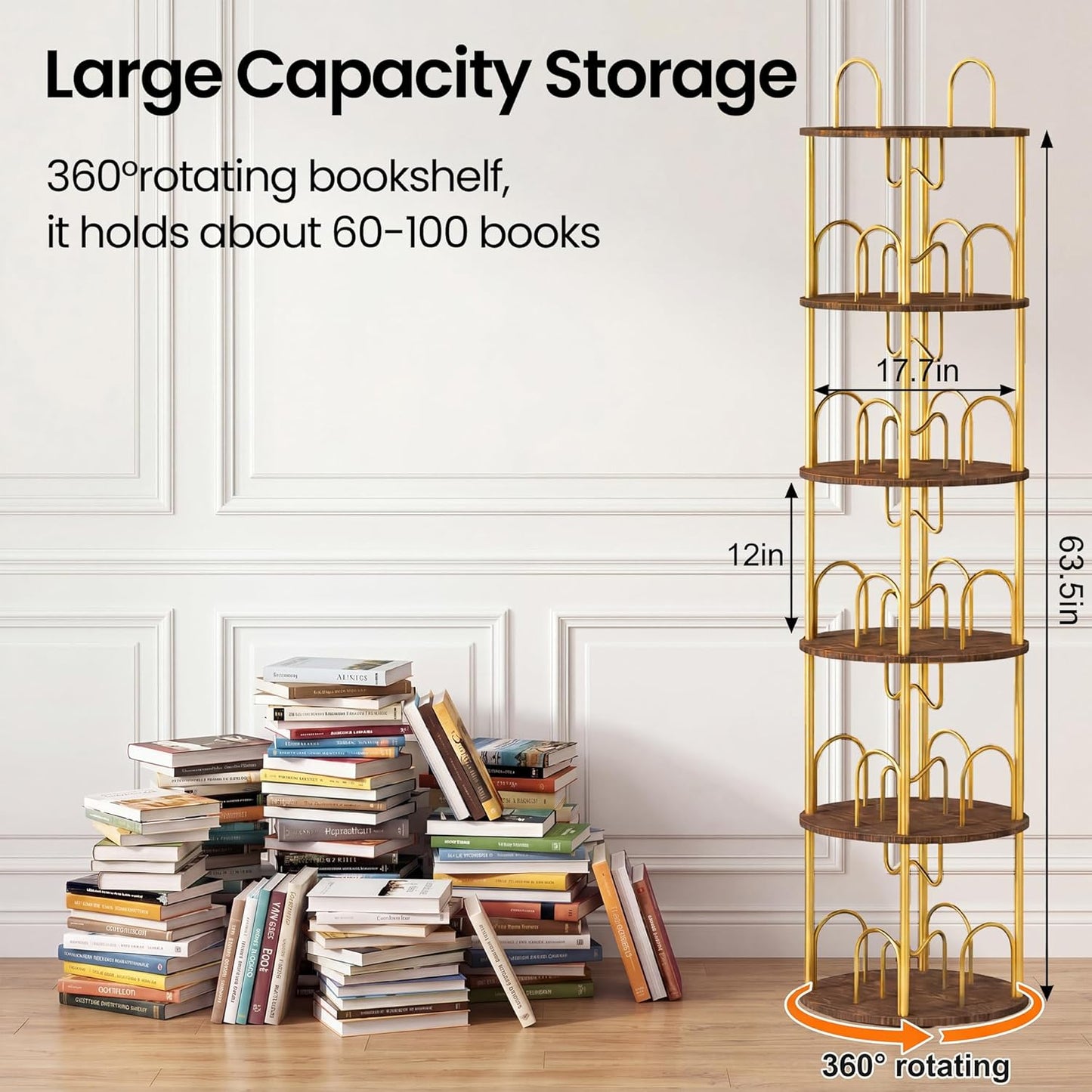 5 Tier Rotating Bookshelf, 360° Spinning Bookshelf Tower, Narrow Corner Book Shelf, Revolving Bookcase Corner Tall Book Shelf for Small Spaces, Bedroom, Living Room, Gold