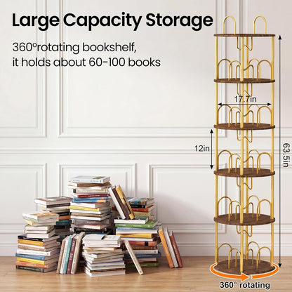 5 Tier Rotating Bookshelf, 360° Spinning Bookshelf Tower, Narrow Corner Book Shelf, Revolving Bookcase Corner Tall Book Shelf for Small Spaces, Bedroom, Living Room, Gold