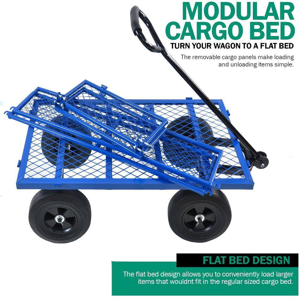 Metal Wagon Cart with 10" Pneumatic Tire and Handle, Utility Dump Outdoor Serving Cart for Lawn Garden Farm in Blue