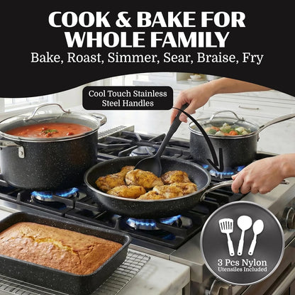 Granitestone 20 Pc Pots and Pans Set Non Stick, Pots and Pans Ceramic Cookware Set with Square Pan, Pot and Pan Set with Bakeware/Utensils, Non Stick Pots and Pan Set, Oven/Dishwasher Safe, Black