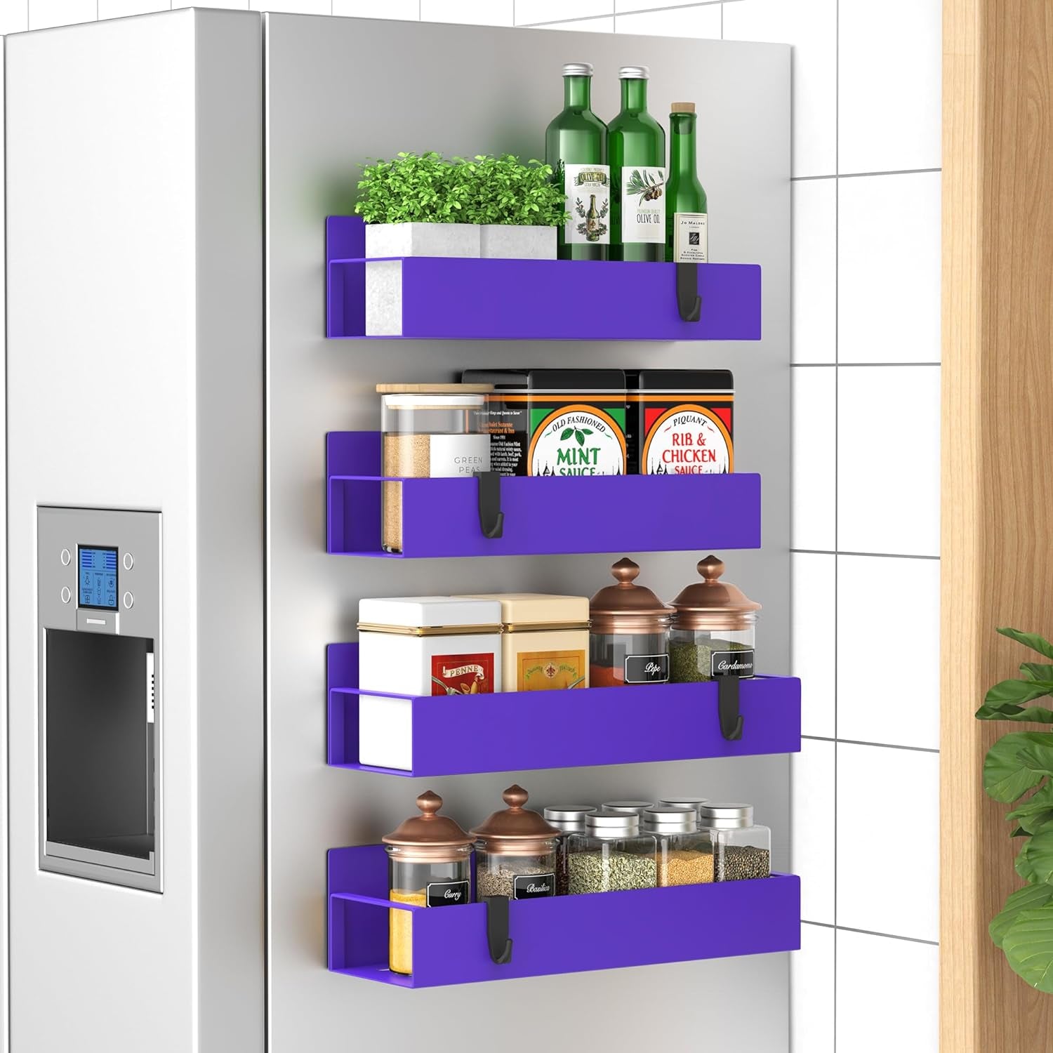 Huggiegems Metal 4 Pack Magnetic Spice Storage Rack Organizer for Refrigerator and Oven, Black Fridge Organizers and Storage, Metal