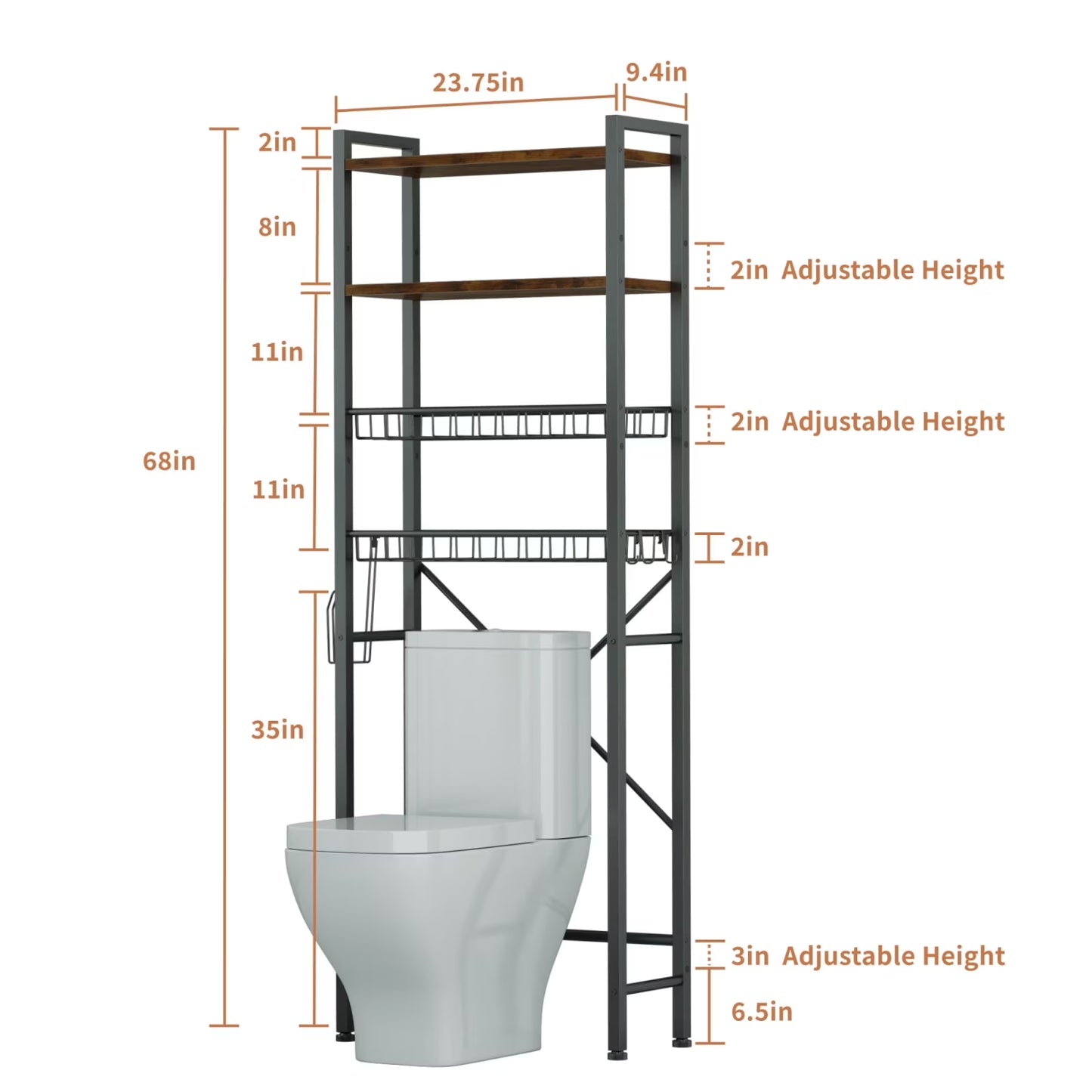Capri 4-Tier Over-The-Toilet Storage Shelf, Bathroom Organizer Shelf over Toilet, Freestanding Space Saver Rack with Adjustable Shelf and Basket, Rustic Brown