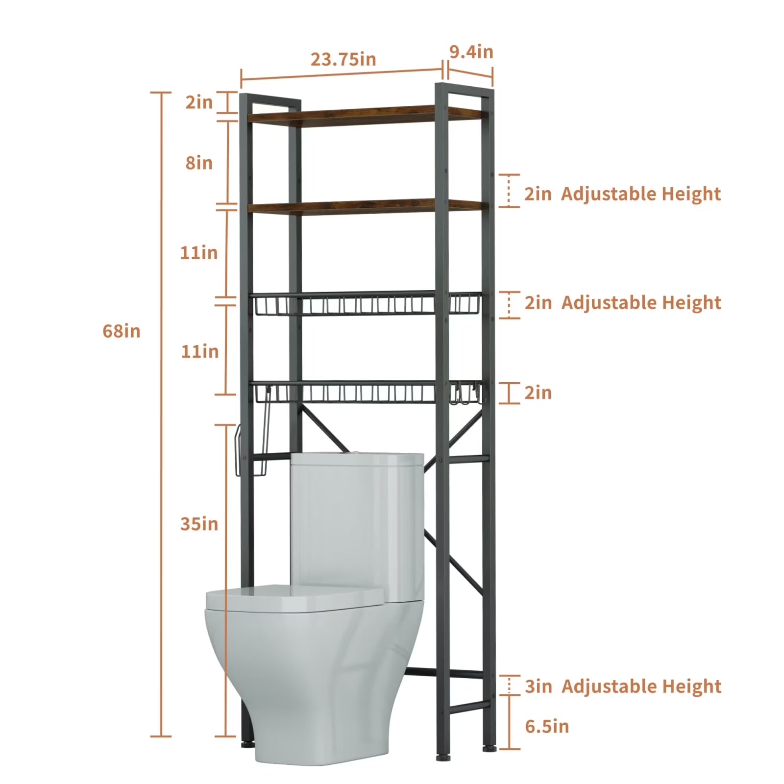 Capri 4-Tier Over-The-Toilet Storage Shelf, Bathroom Organizer Shelf over Toilet, Freestanding Space Saver Rack with Adjustable Shelf and Basket, Rustic Brown