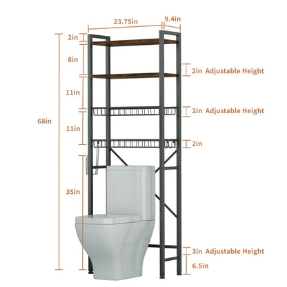 Capri 4-Tier Over-The-Toilet Storage Shelf, Bathroom Organizer Shelf over Toilet, Freestanding Space Saver Rack with Adjustable Shelf and Basket, Rustic Brown