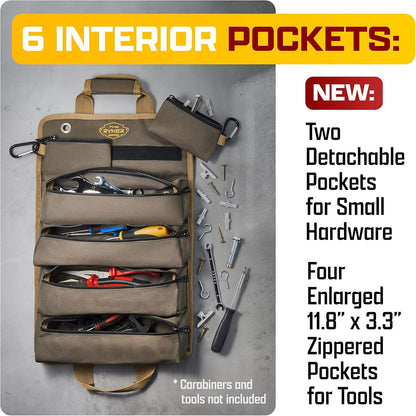 The Ryker Roll up Tool Bag Organizer Gifts for Dad. Heavy Duty Motorcycle Tool Roll Bag Organizer. Portable Rollup Toolbag W/Detachable Pouches - Tools Bags Mens Gifts for Him - Mechanic & Electrician