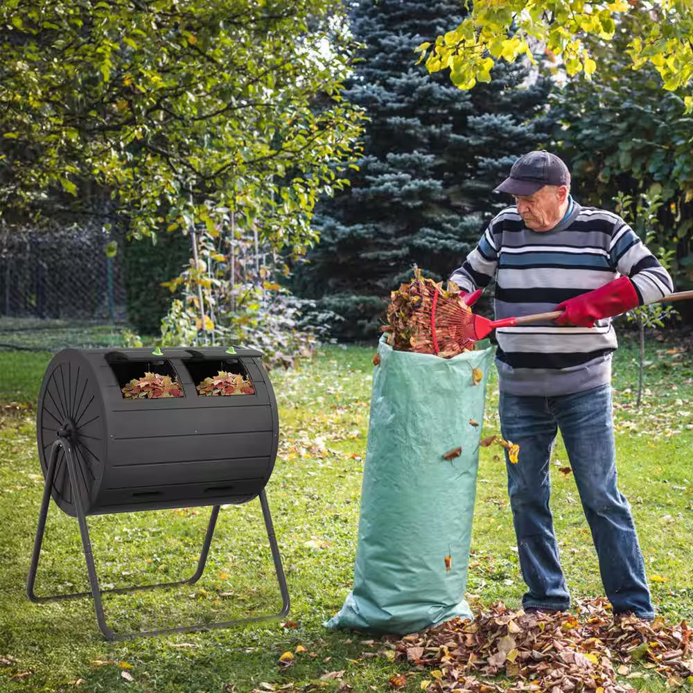 Compost Bin 37.5 Gal. Ual Chamber Composting Tumbler Large Tumbling Composter with 2 Doors and Frame