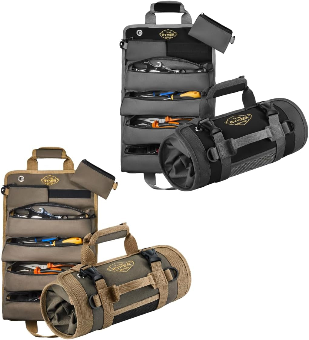The Ryker Roll up Tool Bag Organizer Gifts for Dad. Heavy Duty Motorcycle Tool Roll Bag Organizer. Portable Rollup Toolbag W/Detachable Pouches - Tools Bags Mens Gifts for Him - Mechanic & Electrician