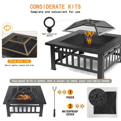 Fire Pits for Outside, 32" Wood Burning Fire Pit Tables with Screen Lid, Poker, BBQ Net, Food Clip and Cover, Backyard Patio Garden Outdoor Fire Pit/Bbq Fire Pit, Black