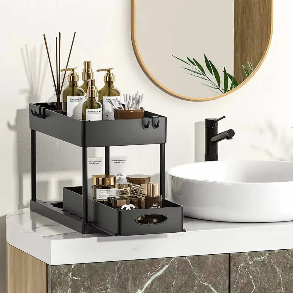 2 Tier under Sink Sliding Storage Basket Multifunctional Organizer Rack with Hooks Hanging Cup Space-Saving for Bathroom Kitchen