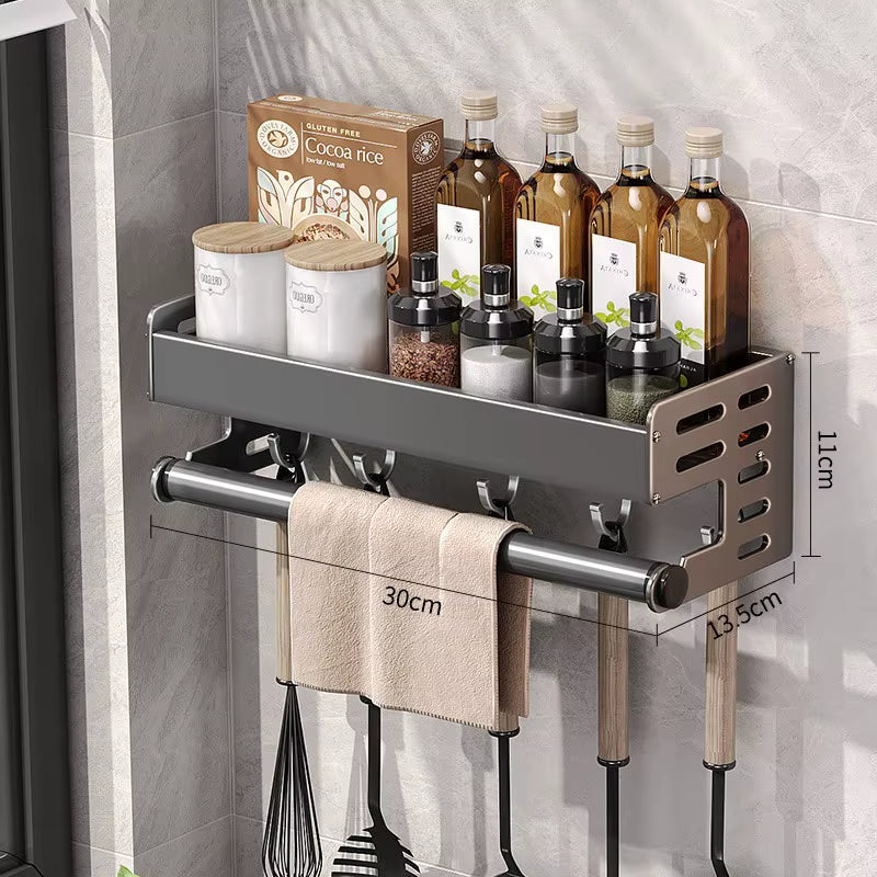 Wall Mount Utensil Holder Multifunctional Spice Organizer Shelf with Hooks Kitchen Hanging Storage Wall Shelf