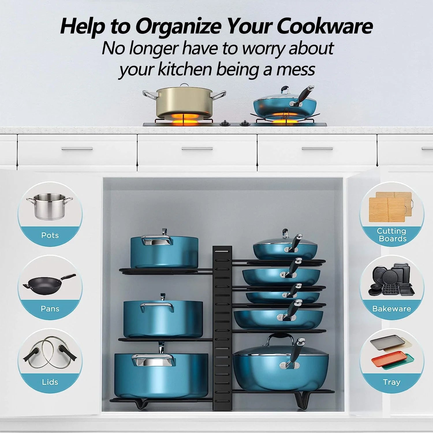 Maximize Your Kitchen Space with PHANCIR 8-Tier Adjustable Pots and Pans Organizer Rack - Heavy Duty Metal Design with Anti-Slip Silicone Pad!