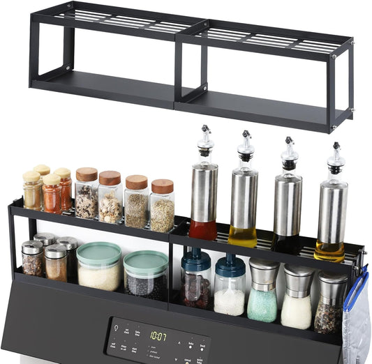 Black metal spice rack with various jars and bottles on a white background