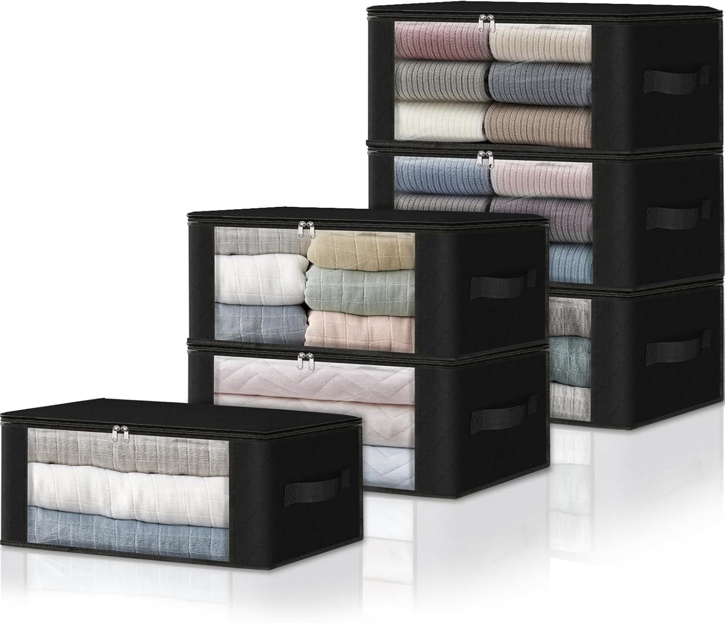 Homehacks Storage 3-Pack Clothes Organizer Storage Bags Foldable Storage Box with Large Clear Window Sturdy Handles for Closet, Dorm, Pillows, Bedding, Clothes, Blankets, 35L, Gray