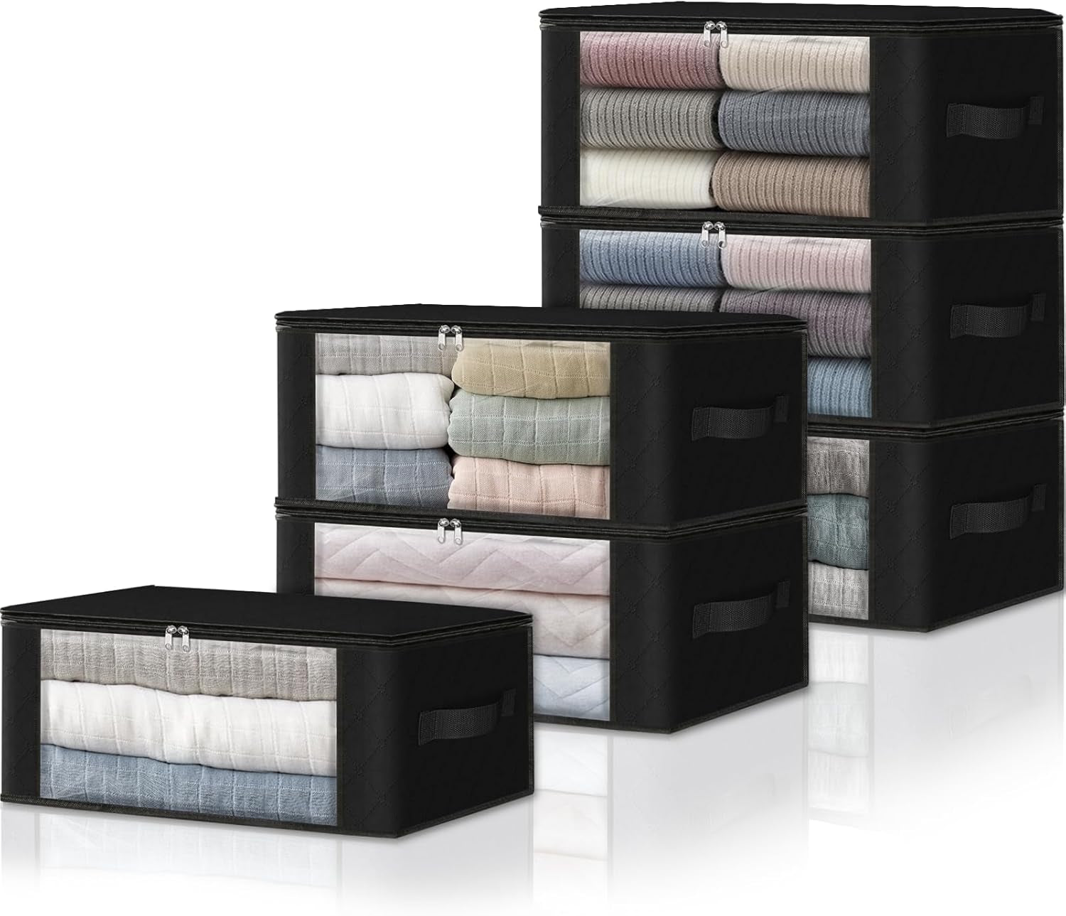 Homehacks Storage 3-Pack Clothes Organizer Storage Bags Foldable Storage Box with Large Clear Window Sturdy Handles for Closet, Dorm, Pillows, Bedding, Clothes, Blankets, 35L, Gray