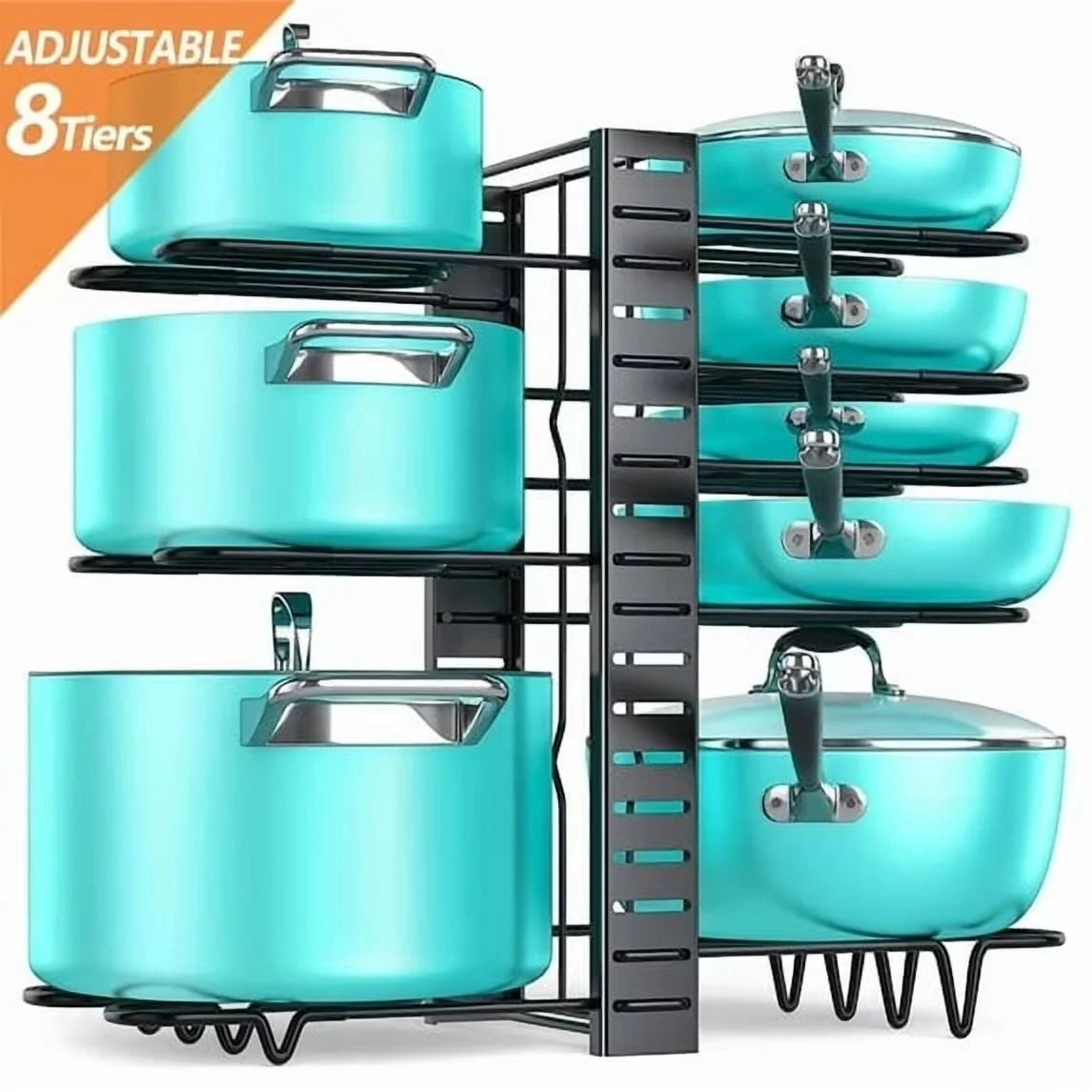 Maximize Your Kitchen Space with PHANCIR 8-Tier Adjustable Pots and Pans Organizer Rack - Heavy Duty Metal Design with Anti-Slip Silicone Pad!