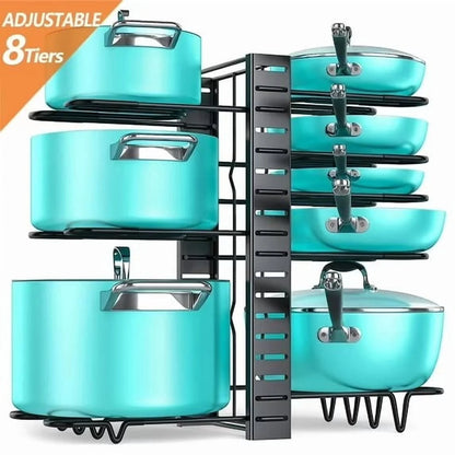 Maximize Your Kitchen Space with PHANCIR 8-Tier Adjustable Pots and Pans Organizer Rack - Heavy Duty Metal Design with Anti-Slip Silicone Pad!