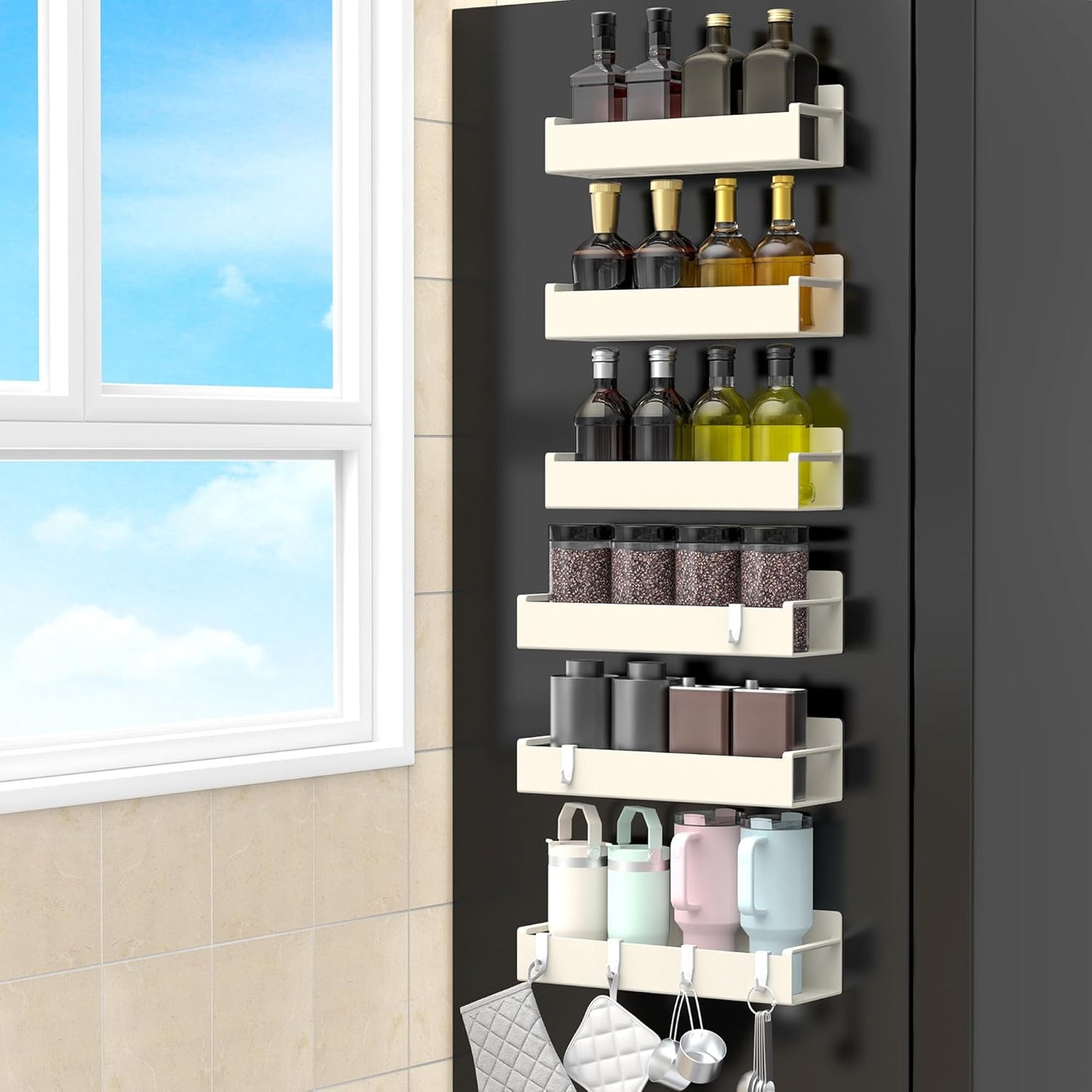 Magnetic fridge spice rack on a metal cabinet panel