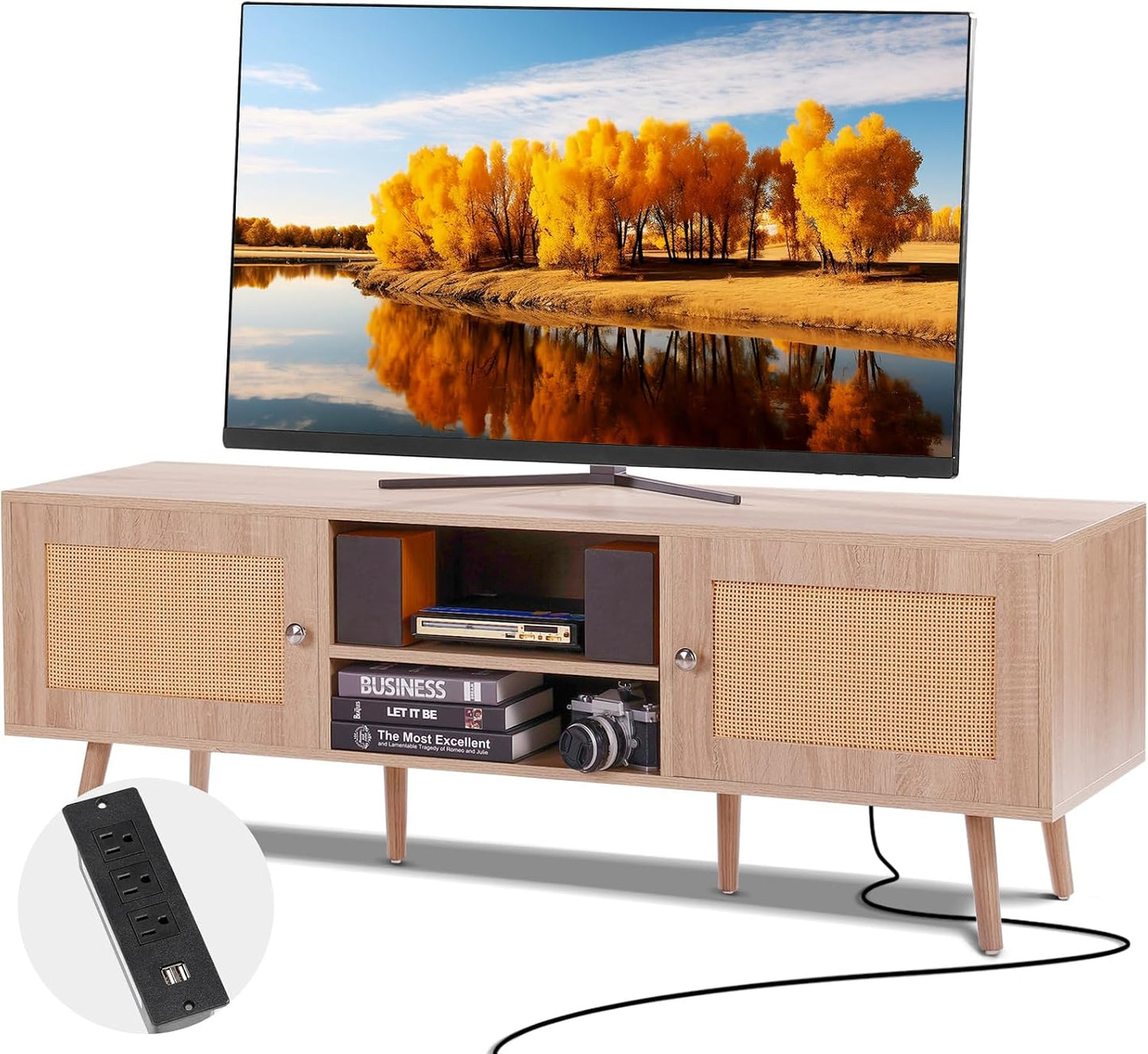 VEVOR Rattan TV Stand, Mid Century Modern TV Stand for 75 Inch TV, Boho Rattan TV Cabinet with Build-In Socket and USB Ports, Adjustable Shelfs for Living Room, Media Room, Oak