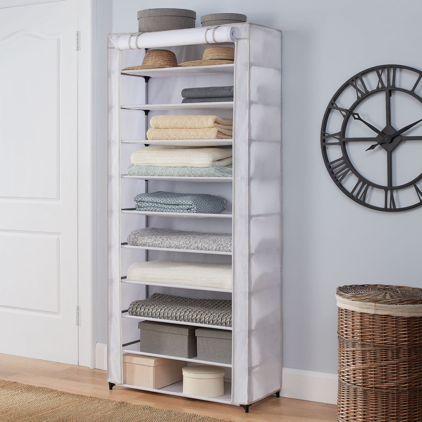 Mainstays 10-Shelf Shoe Organizer with Cover, Accommodates 30 Pairs, Dimensions: 31.5"W x 13.46"D x 69.09"H, White