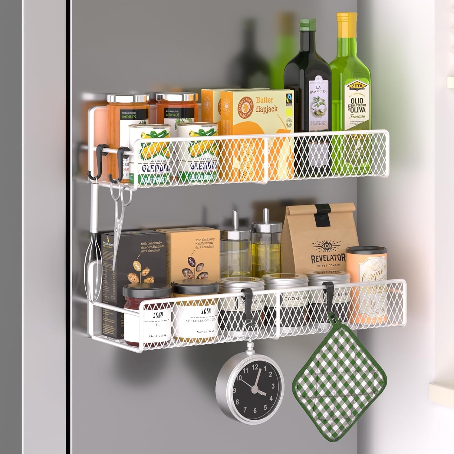 Magnetic spice rack shelf, utensil hooks close-up