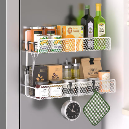 Magnetic spice rack shelf, utensil hooks close-up