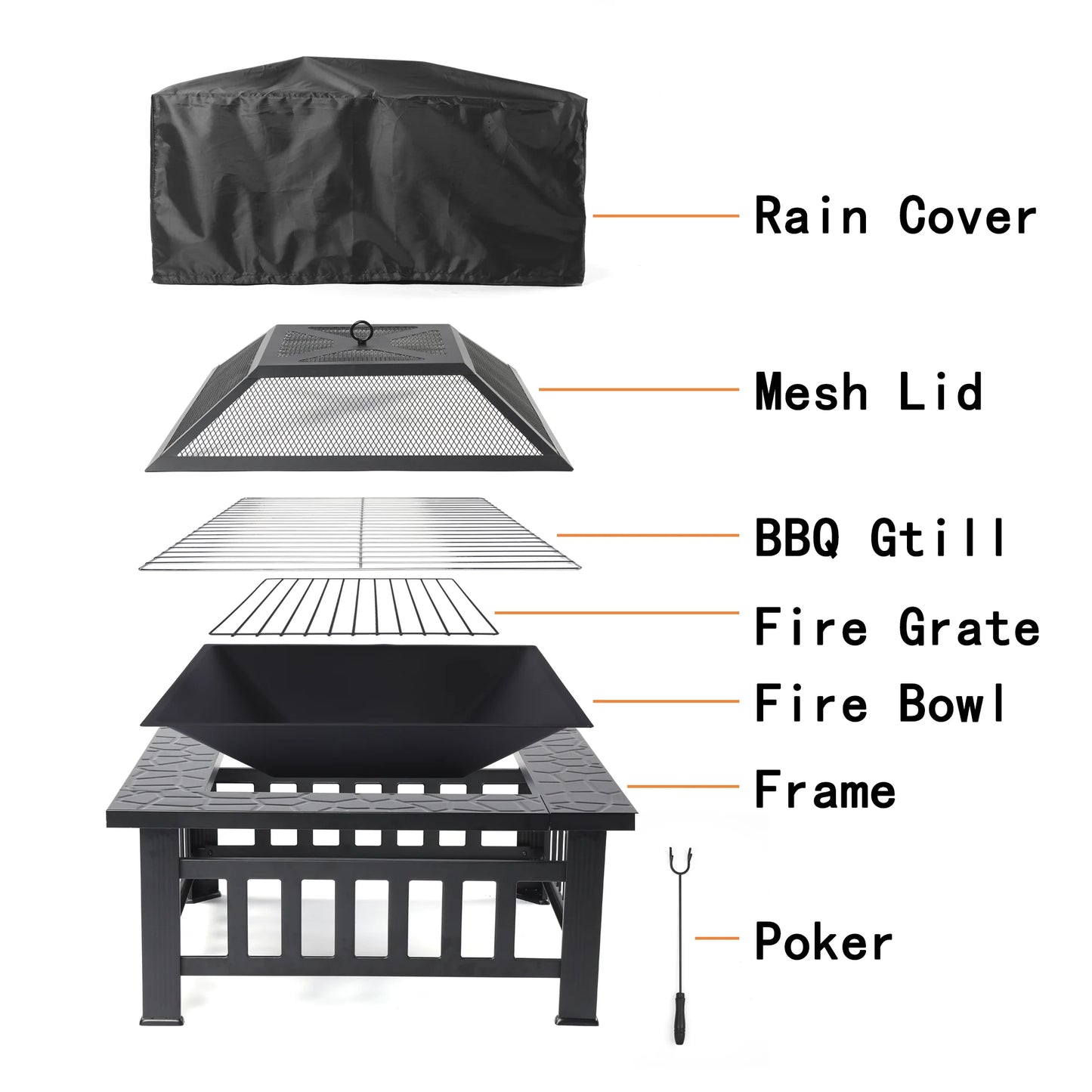 Fire Pits for Outside, 32" Wood Burning Fire Pit Tables with Screen Lid, Poker, BBQ Net, Food Clip and Cover, Backyard Patio Garden Outdoor Fire Pit/Bbq Fire Pit, Black