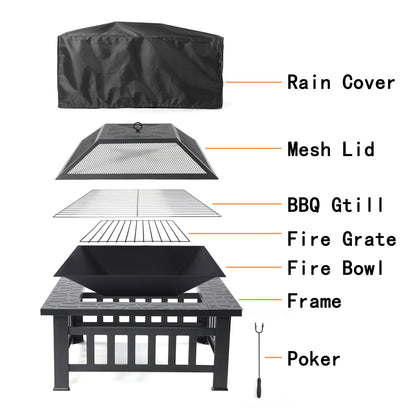 Fire Pits for Outside, 32" Wood Burning Fire Pit Tables with Screen Lid, Poker, BBQ Net, Food Clip and Cover, Backyard Patio Garden Outdoor Fire Pit/Bbq Fire Pit, Black