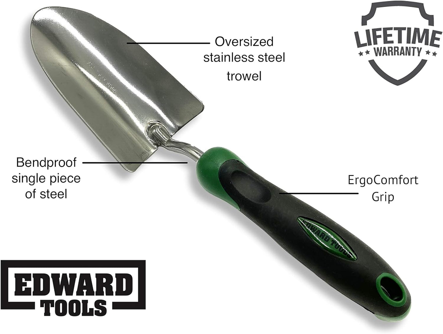 Edward Tools Heavy-Duty Bend-Proof Garden Trowel - Polished Stainless Steel, Rust-Resistant Oversized Hand Shovel for Efficient Digging in Rocky and Heavy Soils with Comfort Grip