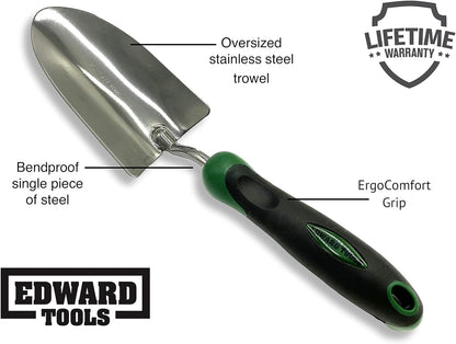 Edward Tools Heavy-Duty Bend-Proof Garden Trowel - Polished Stainless Steel, Rust-Resistant Oversized Hand Shovel for Efficient Digging in Rocky and Heavy Soils with Comfort Grip