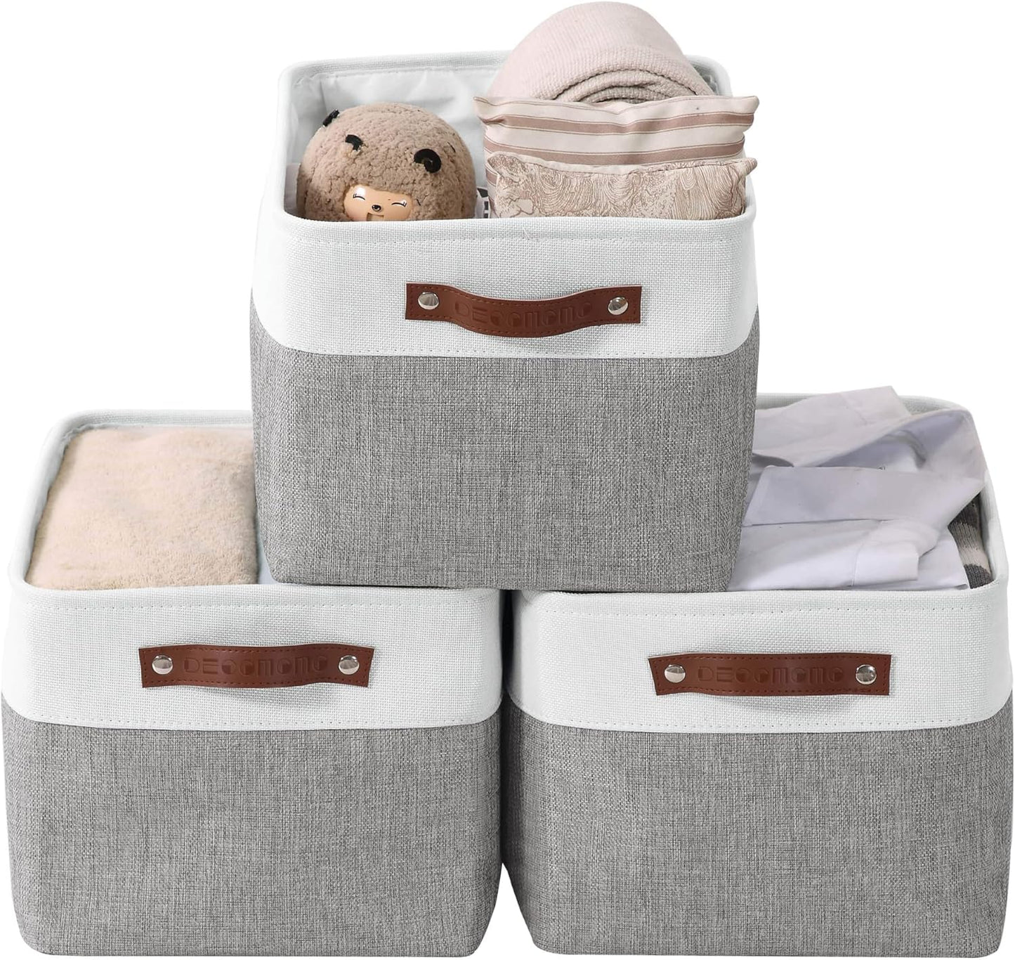 DECOMOMO Storage Bins, Large Fabric Storage Baskets for Shelves, Decorative Linen Closet Organizer, 15 X 11 X 9.5 Inches (Grey & White, 4 Pack)