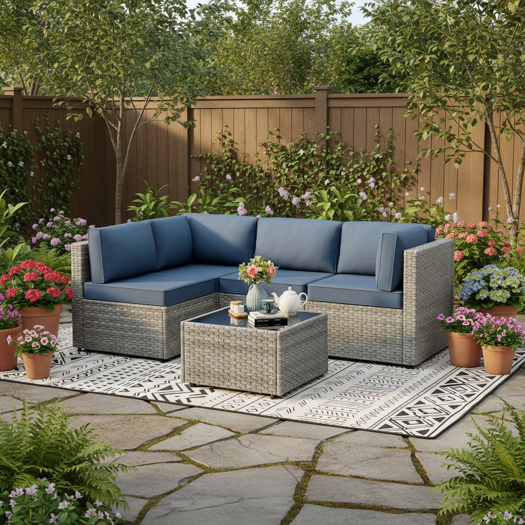 5 Pieces Outdoor Sectional Furniture, All-Weather Rattan Patio Furniture Set, Wicker Patio Sectional Couch with Cushion, Glass Table, Navy Blue
