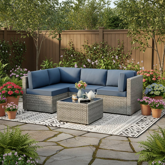 5 Pieces Outdoor Sectional Furniture, All-Weather Rattan Patio Furniture Set, Wicker Patio Sectional Couch with Cushion, Glass Table, Navy Blue
