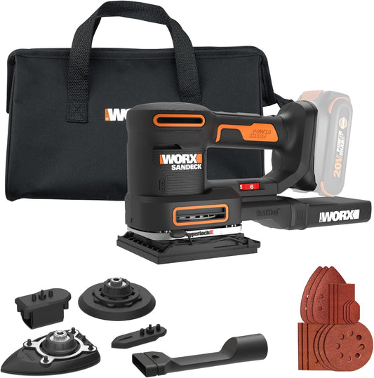 sanding machine with attachments and carrying case on a white background