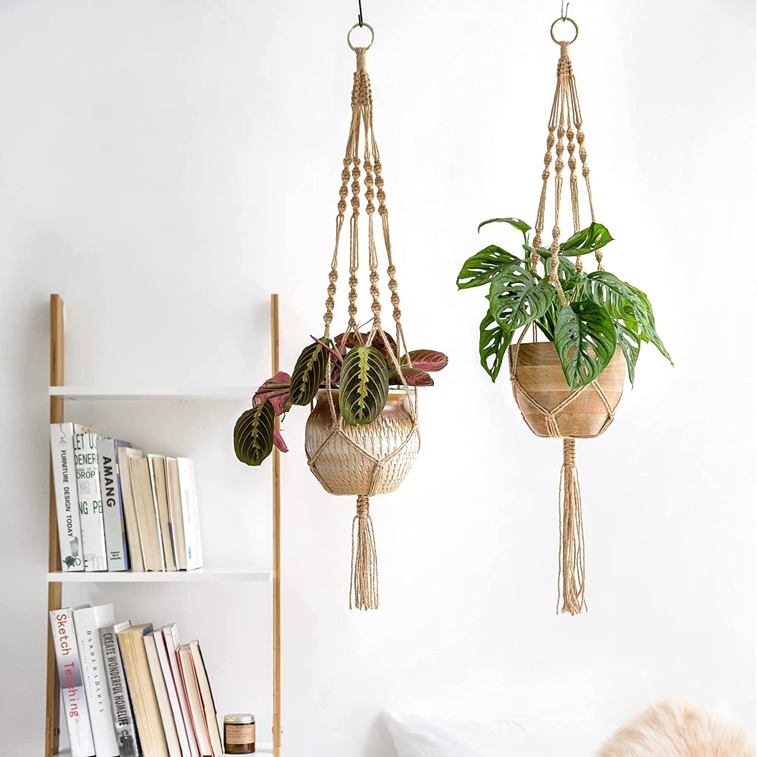 Mkono Set of 2 Macrame Plant Hangers - 40 Inch Decorative Jute Rope Indoor/Outdoor Flower Pot Holders with 4 Legs, Brown