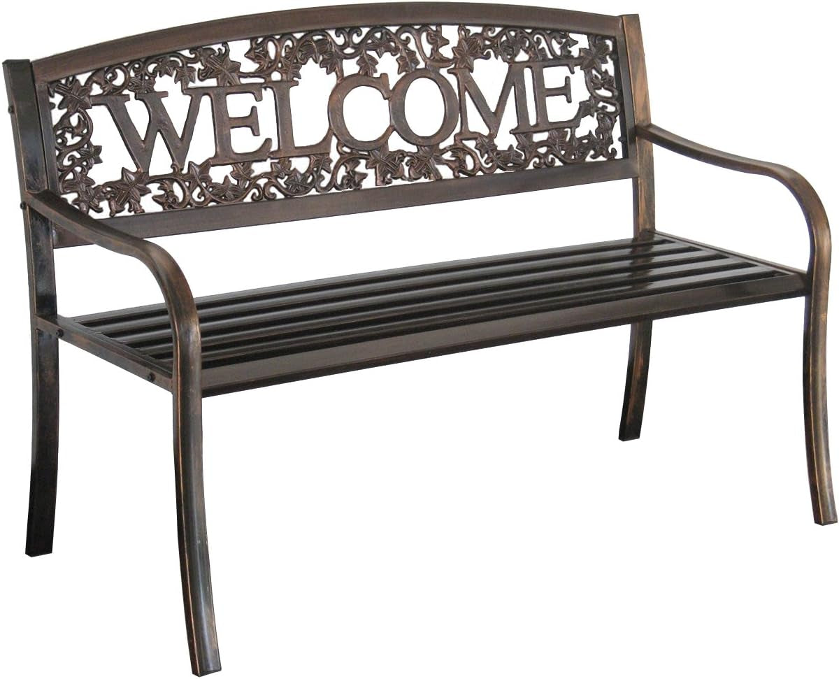 Leigh Country Metal Outdoor Bench, Welcome Design, Decorative Patio Seating for Porch/Deck