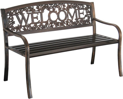 Leigh Country Metal Outdoor Bench, Welcome Design, Decorative Patio Seating for Porch/Deck