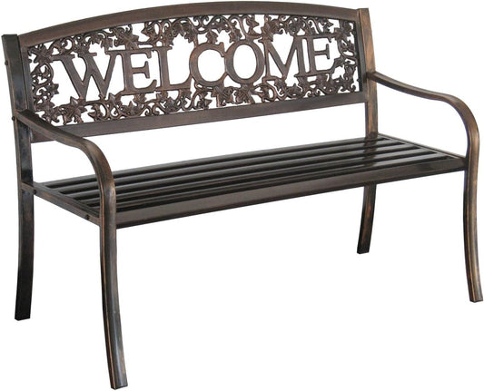Metal Outdoor Bench, Welcome Design, Decorative Patio Seating for Porch/Deck