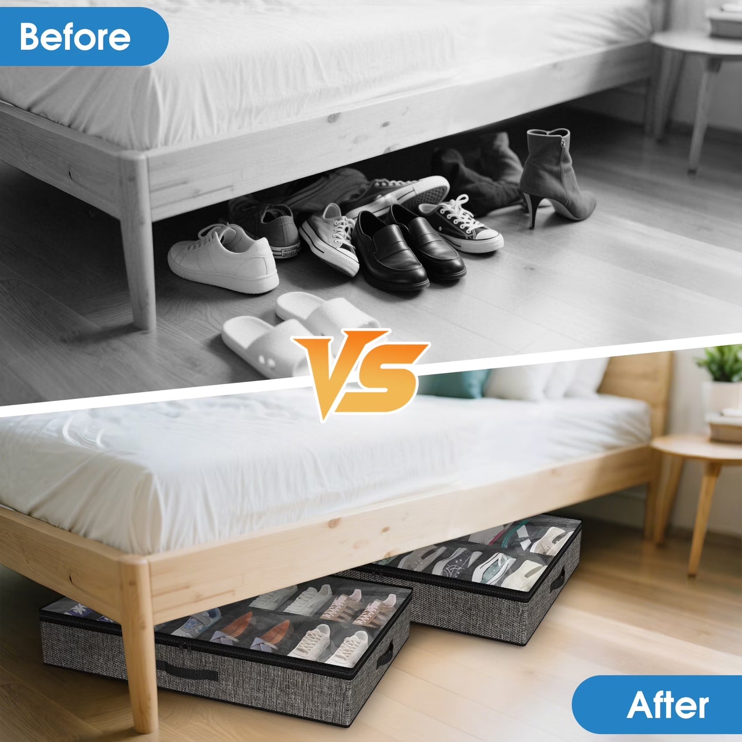 Acerichfad under Bed Shoe Storage Organizer, 2 Pack 32 Pairs Foldable under Bed Shoe Storage Organizer, Black