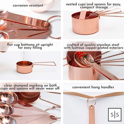 Elegant Rose Gold Copper Measuring Cups and Spoons Set – 8-Piece Stackable Stainless Steel Kitchen Essentials for Baking and Cooking