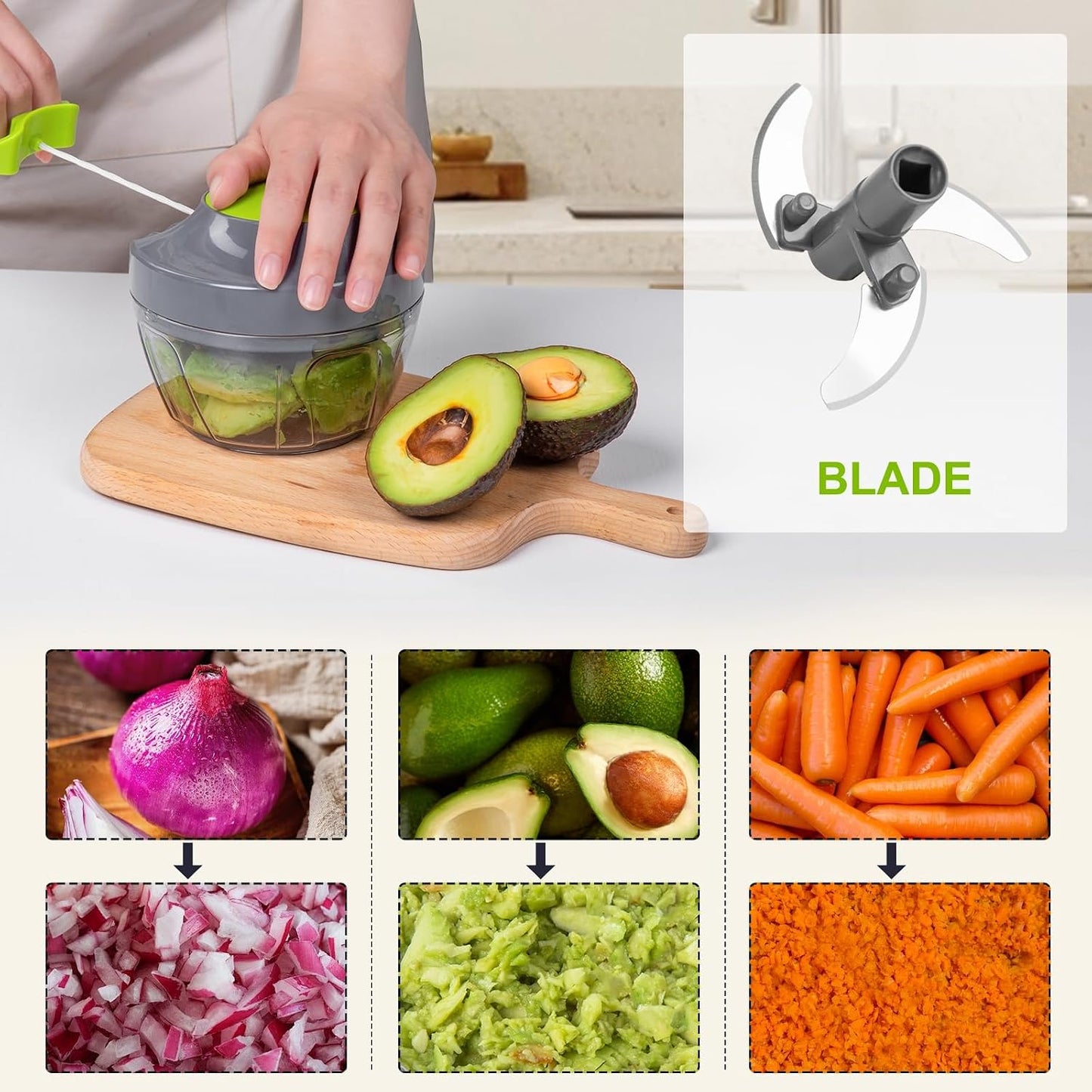 Pull-string manual food chopper, blade assembly close-up