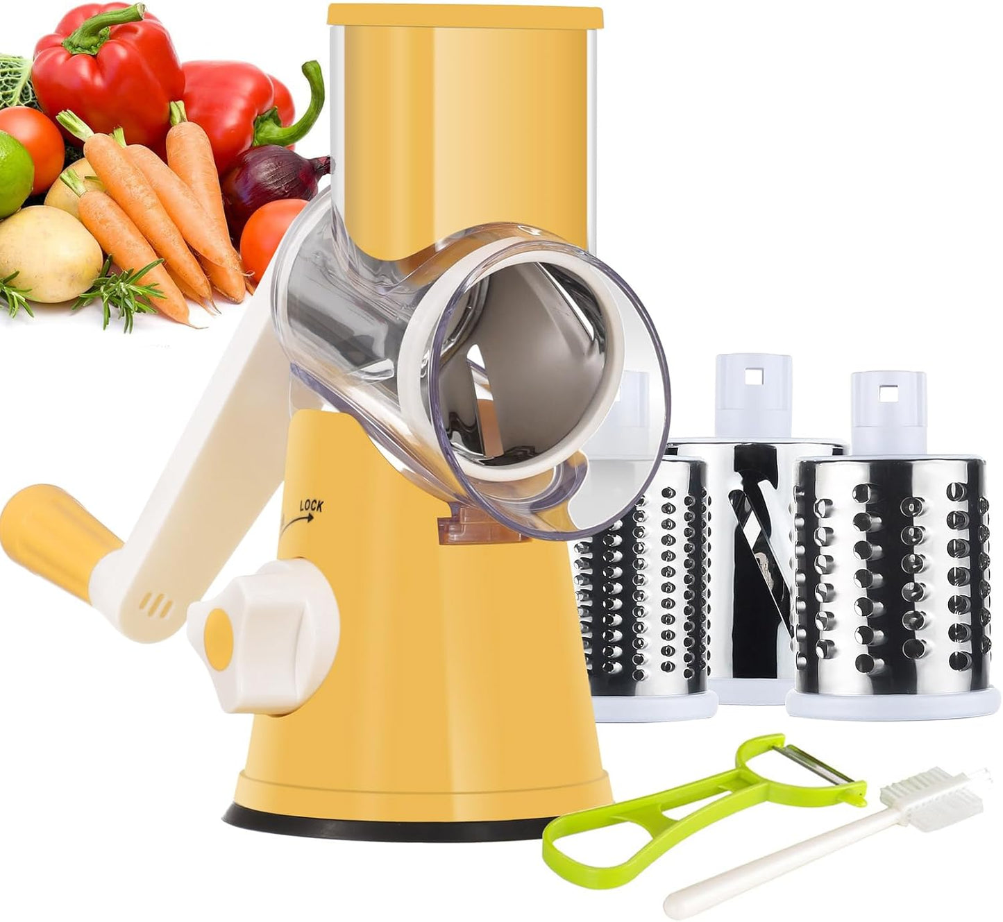 Ourokhome Rotary Cheese Grater Hand Crank, Kitchen Shredder Speed Mandolin Slicer Nut Grinder with Handle and Drum Blades for Cheese, Vegetable, Walnut, Chocolate, Potato, Carrot, 3 Blades, Green