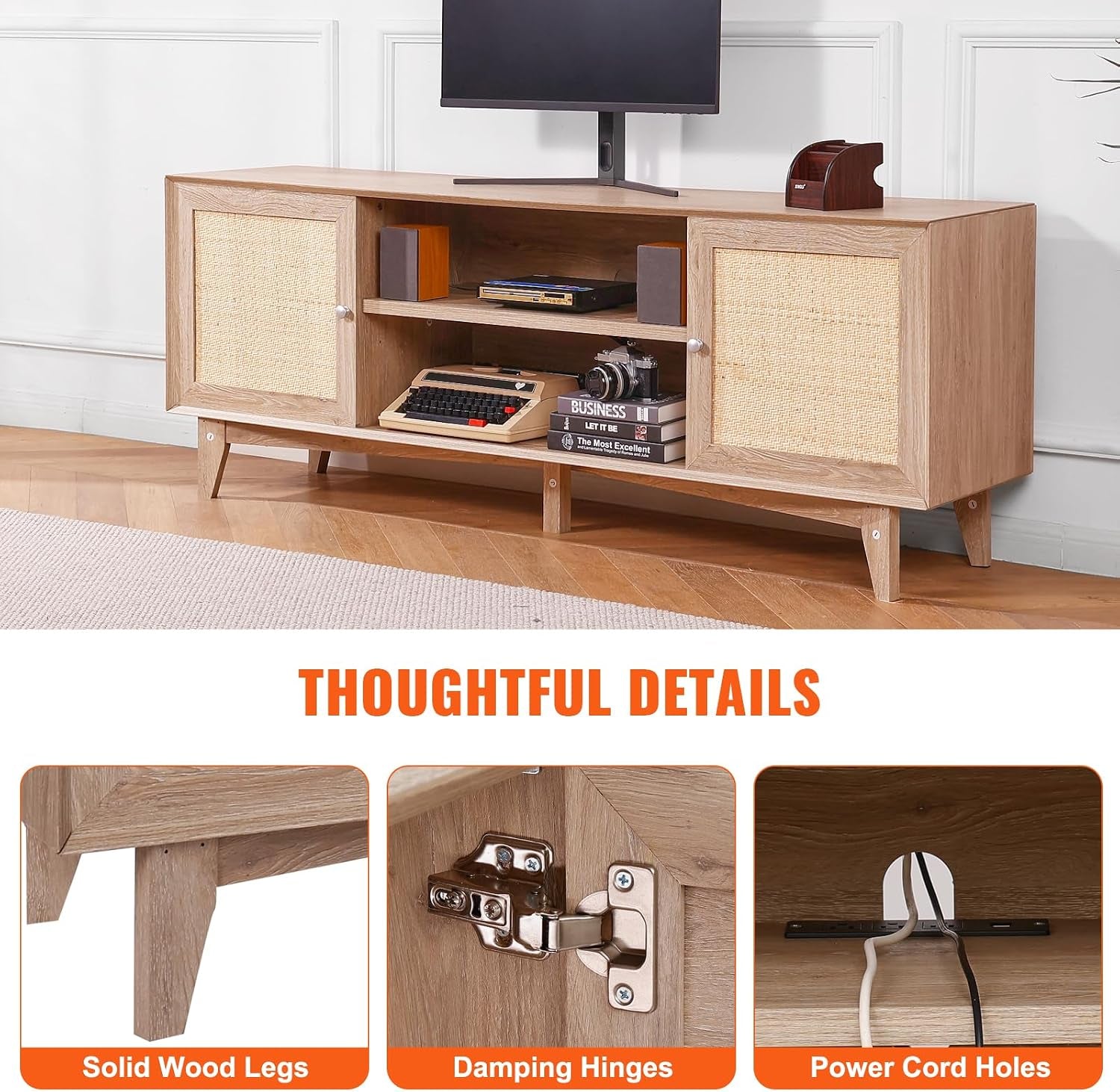 VEVOR Rattan TV Stand, Mid Century Modern TV Stand for 75 Inch TV, Boho Rattan TV Cabinet with Build-In Socket and USB Ports, Adjustable Shelfs for Living Room, Media Room, Oak