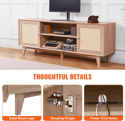 VEVOR Rattan TV Stand, Mid Century Modern TV Stand for 75 Inch TV, Boho Rattan TV Cabinet with Build-In Socket and USB Ports, Adjustable Shelfs for Living Room, Media Room, Oak