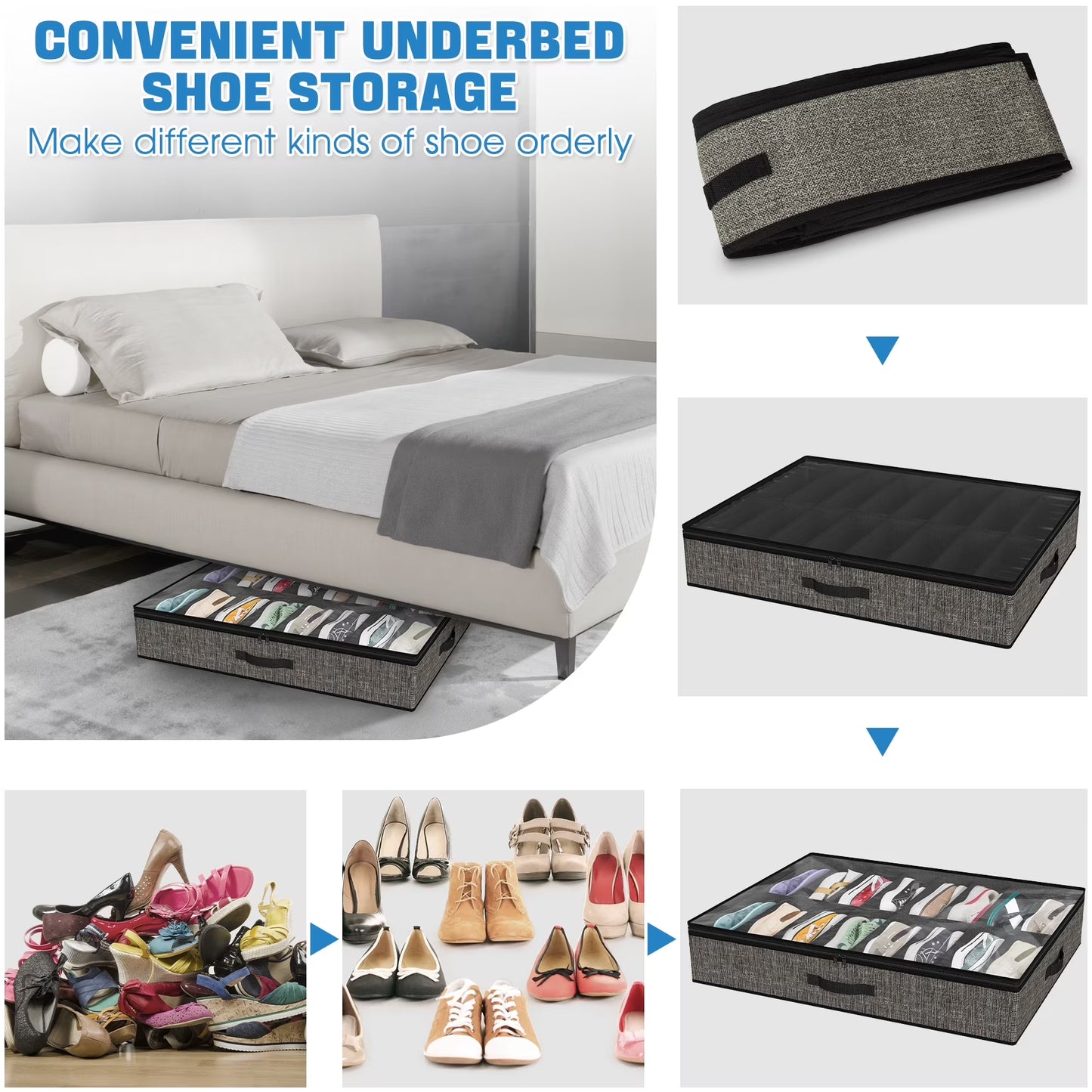 Acerichfad under Bed Shoe Storage Organizer, 2 Pack 32 Pairs Foldable under Bed Shoe Storage Organizer, Black