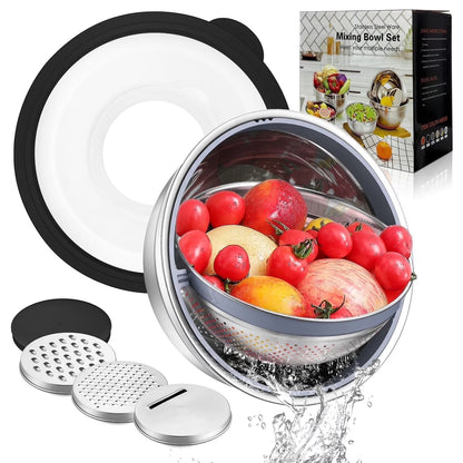 Vesteel Mixing Bowls with Lids Set of 7, Stainless Steel Nesting Bowls with Colander and 3 Graters for Draining Prepping Slicing, Nonslip Bottoms & Airtight Lid, Size 4.6, 2.6, 1.5 Qt, Blue