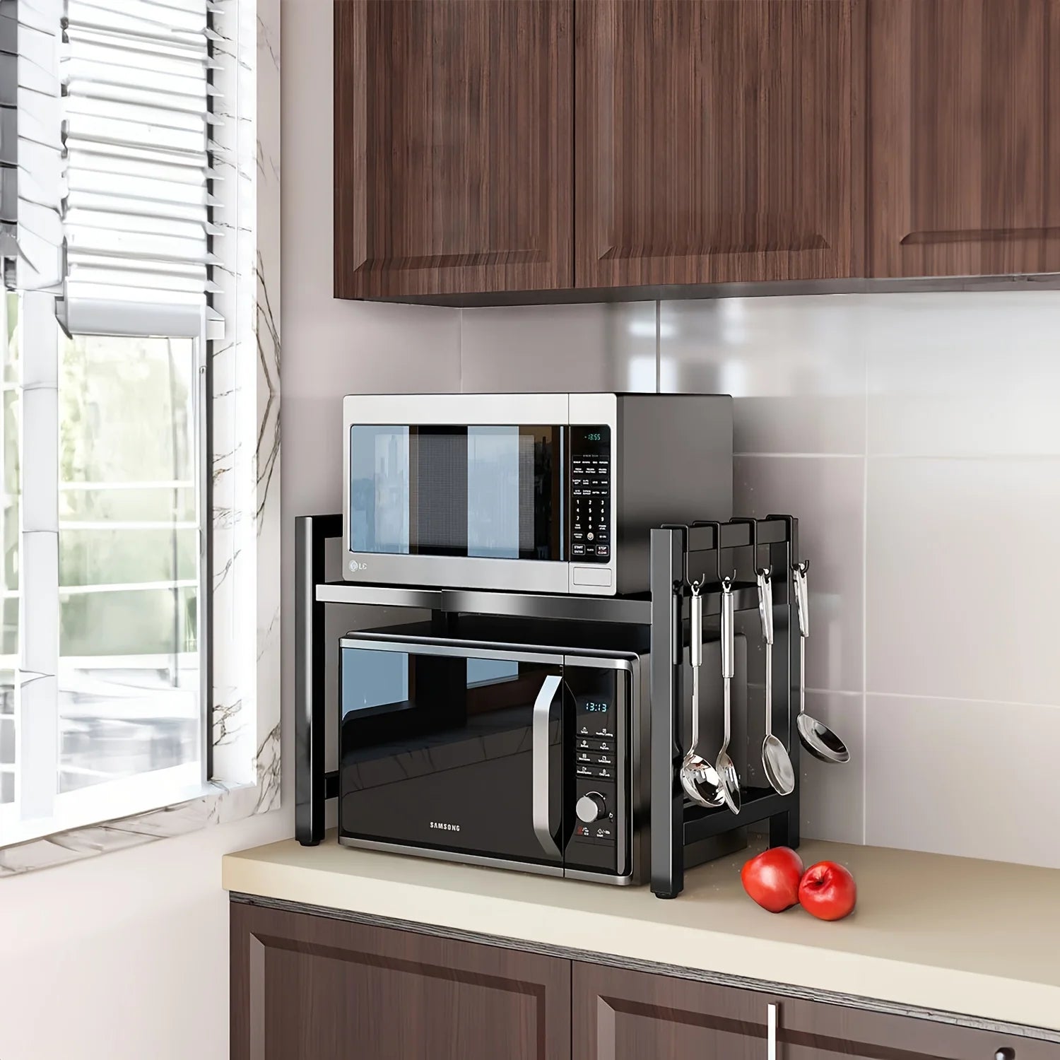 Expandable Microwave Shelf, Microwave Holder with 6 Hooks, Kitchen Storage Rack, Microwave Baking Rack, Extendable 40-64Cm